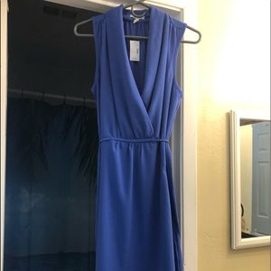 Short length blue faux wrap dress